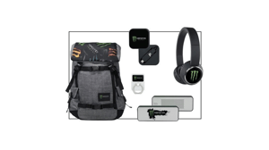 New hire kit consisting of backpack, headphones, phone charger, etc.